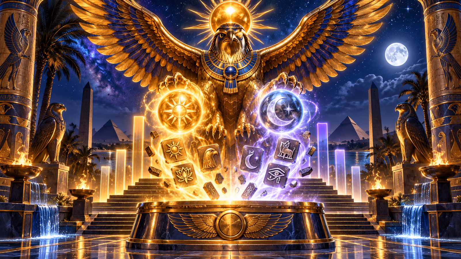 Original Egyptian night temple with a golden falcon, radiant Sun and Moon Orbs and rising light bars