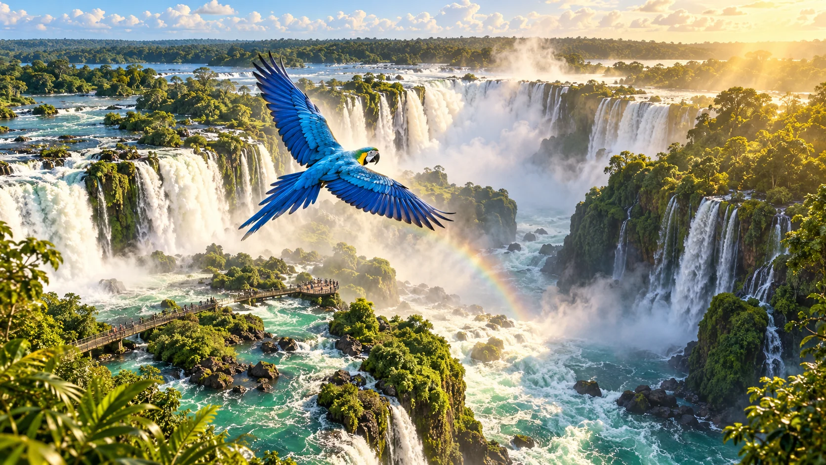 Original editorial artwork of a blue macaw flying above immense tropical waterfalls and rainforest