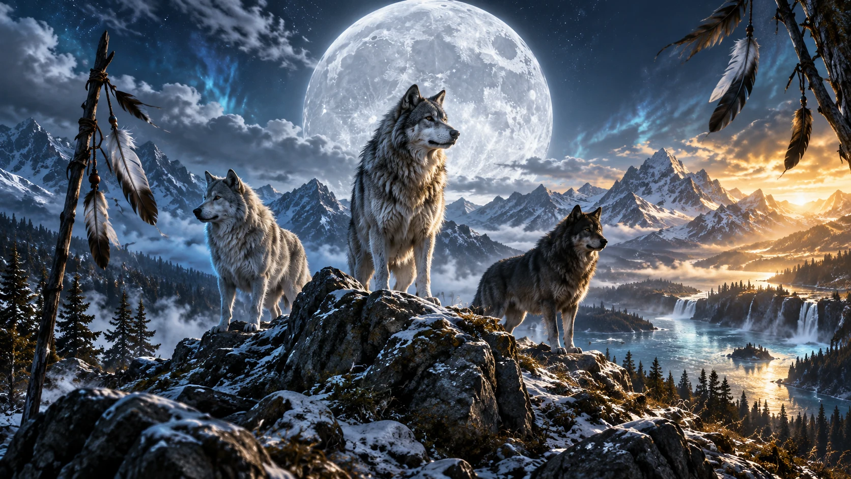 Original editorial artwork of three wolves beneath a silver moon and hanging feather talismans