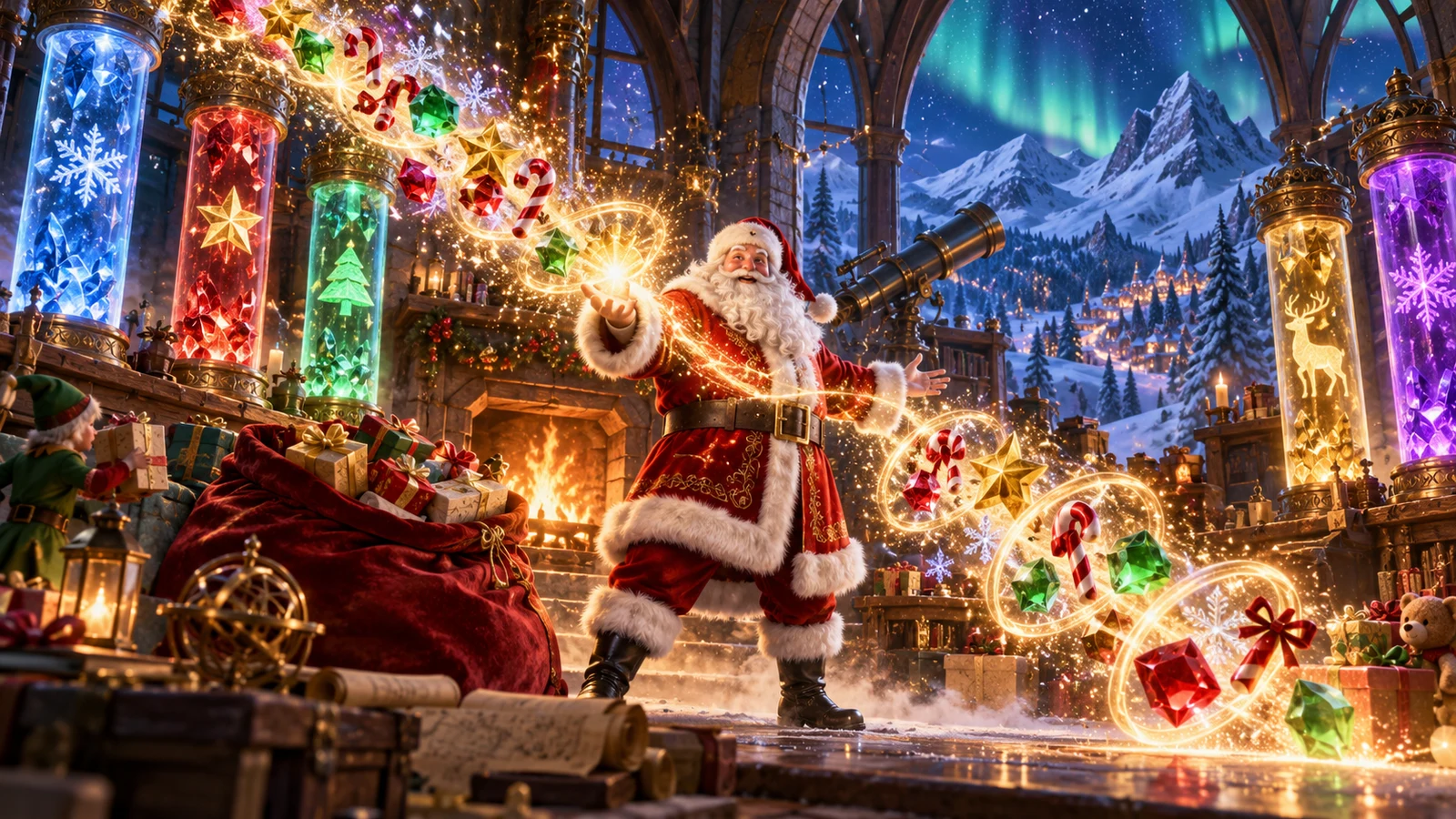 Original editorial artwork of Santa in a magical observatory with cascading gems and multiplier rings