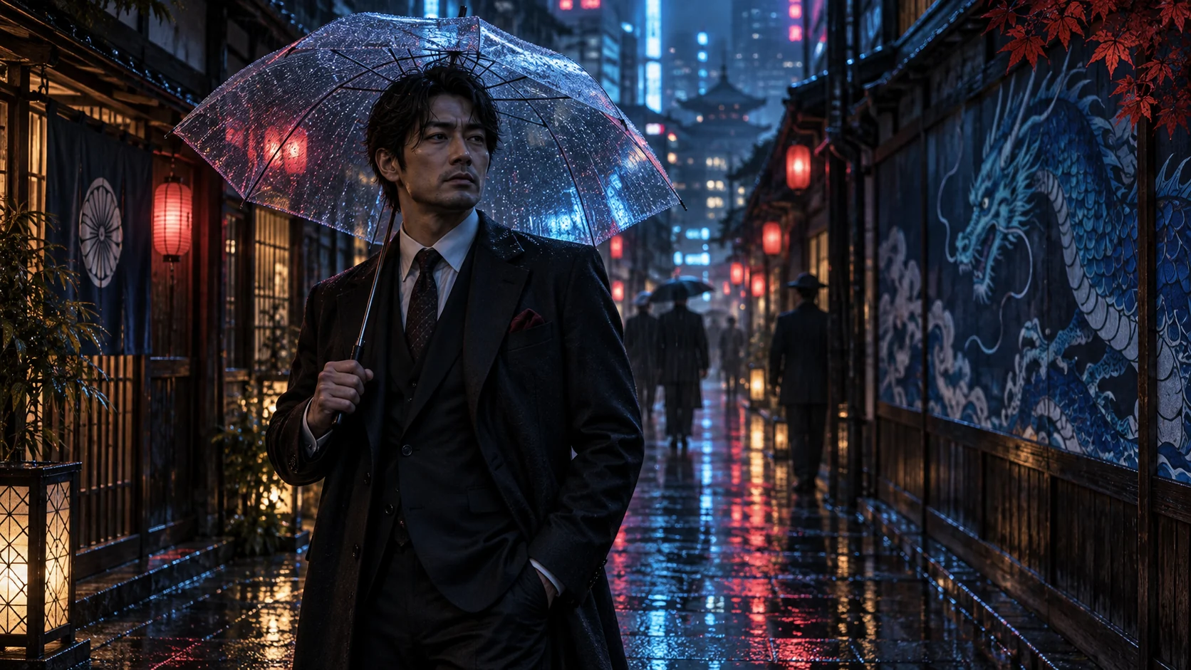 Original editorial artwork of a suited adult man under an umbrella in a rain-lit Tokyo alley with a blue dragon mural