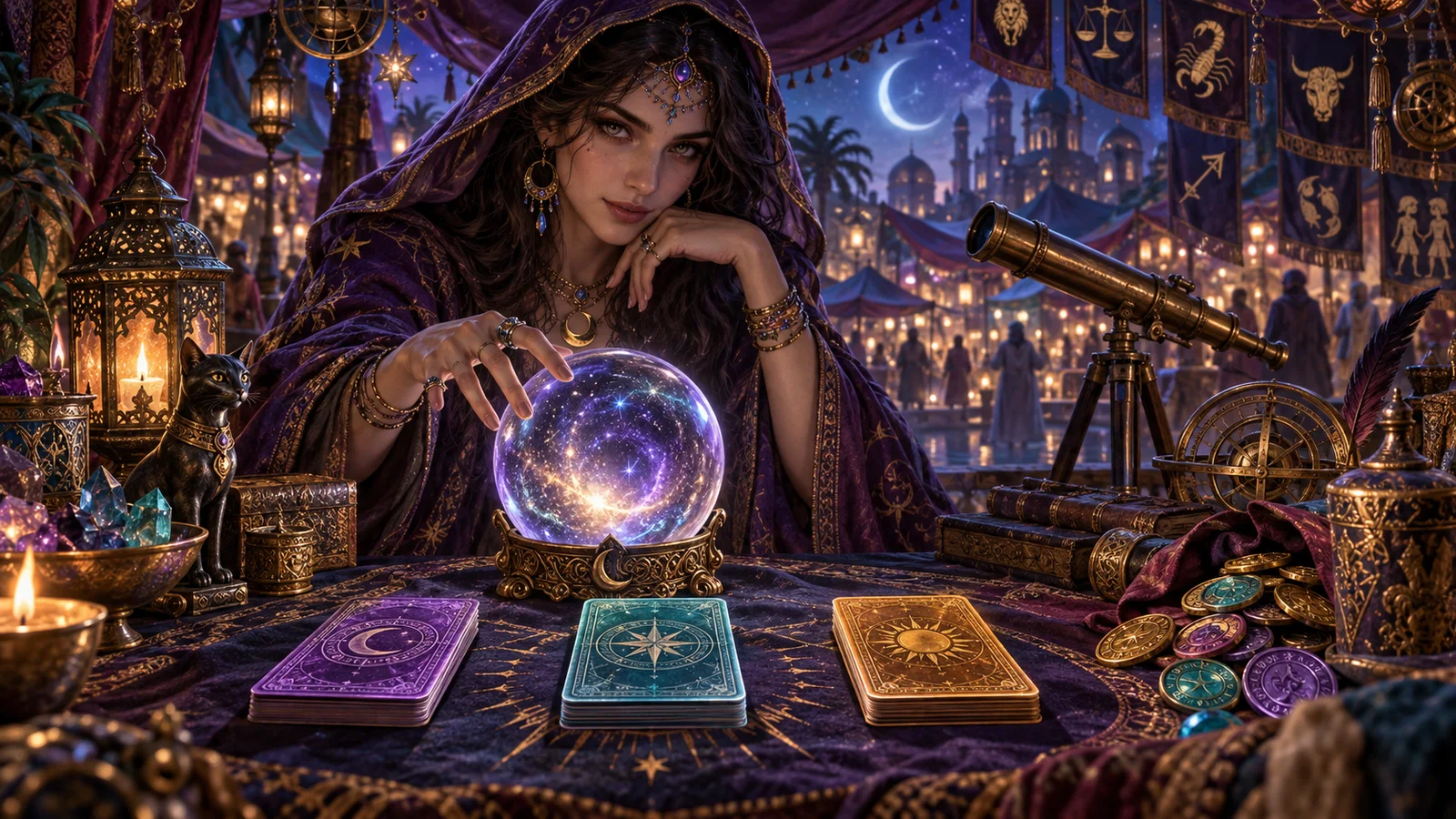 Original mystical fortune teller with crystal ball telescope coloured cards and zodiac night market