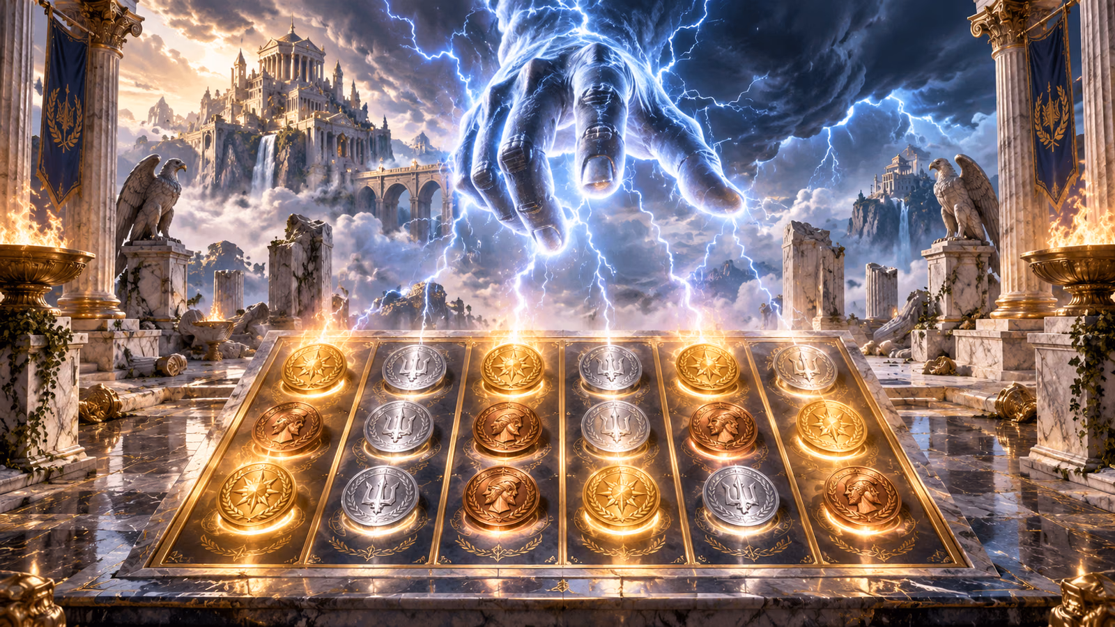 Original storm-lit Olympus terrace with a monumental lightning hand and bronze silver and gold coin grid