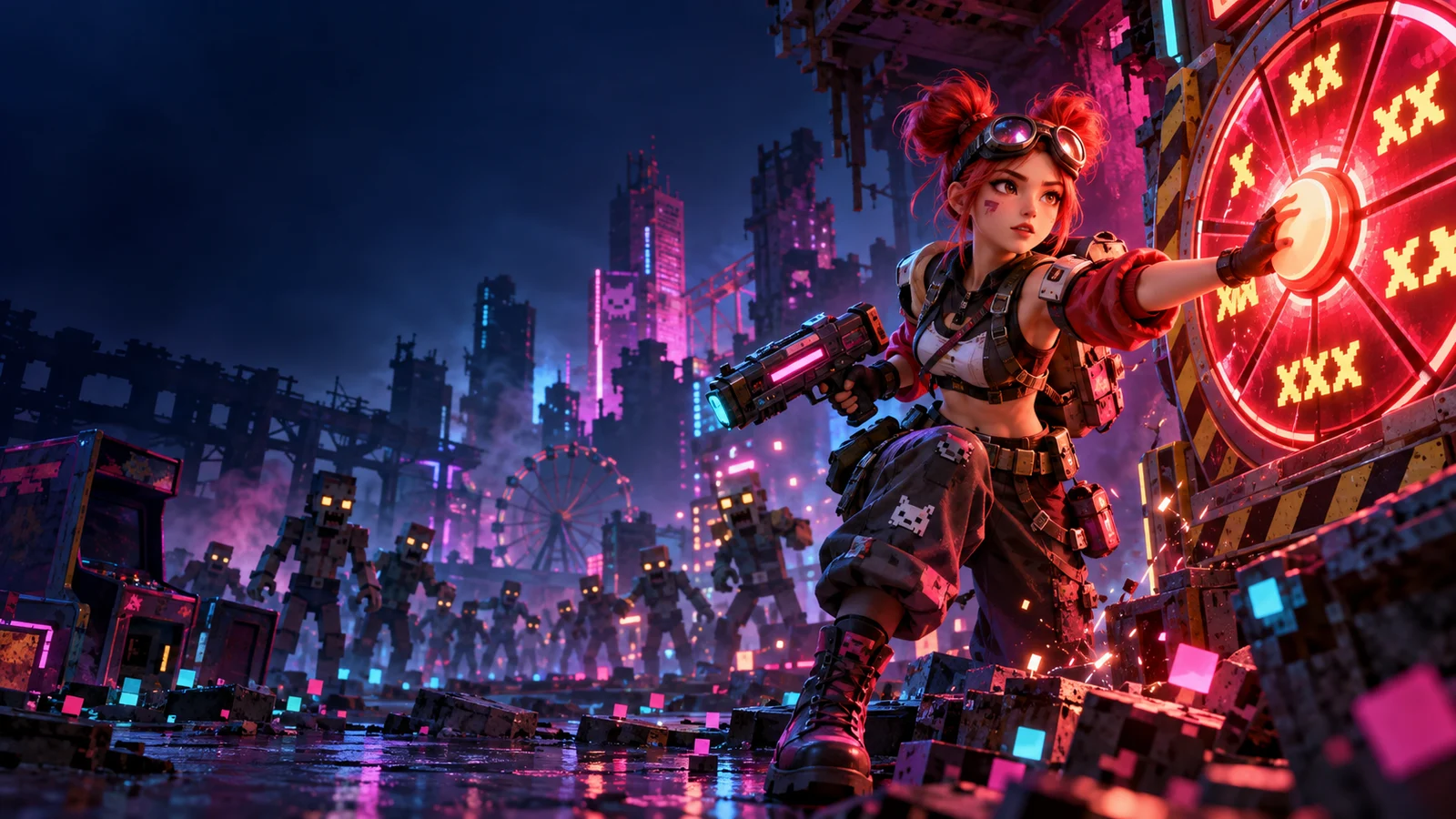 Original editorial artwork of a red-haired arcade heroine activating a glowing alarm wheel in a neon ruined city
