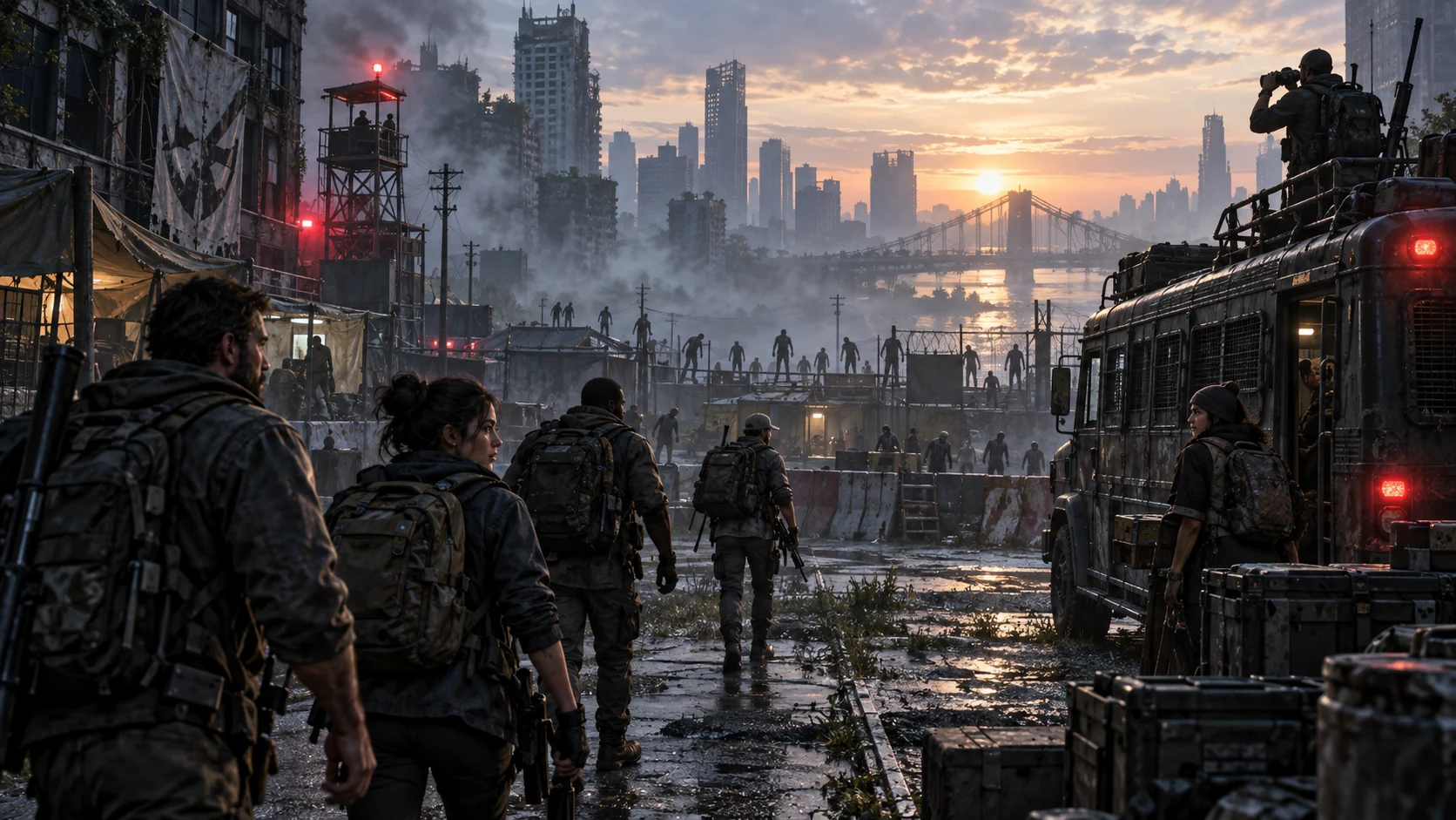 Original editorial artwork of adult survivors approaching an abandoned city checkpoint at dawn after a fictional outbreak